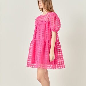 English Factory Dress Hot Pink Grid Puff Sleeve Mini Babydoll Size Small Party